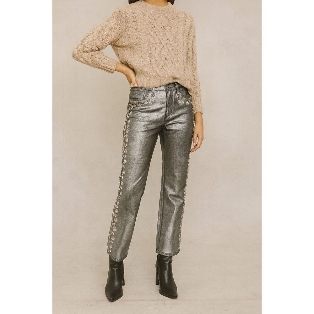 Vintage Y2K DG2 Diane Gilman Silver Foil Jeweled Beaded Mid-Rise Jeans STUNNING